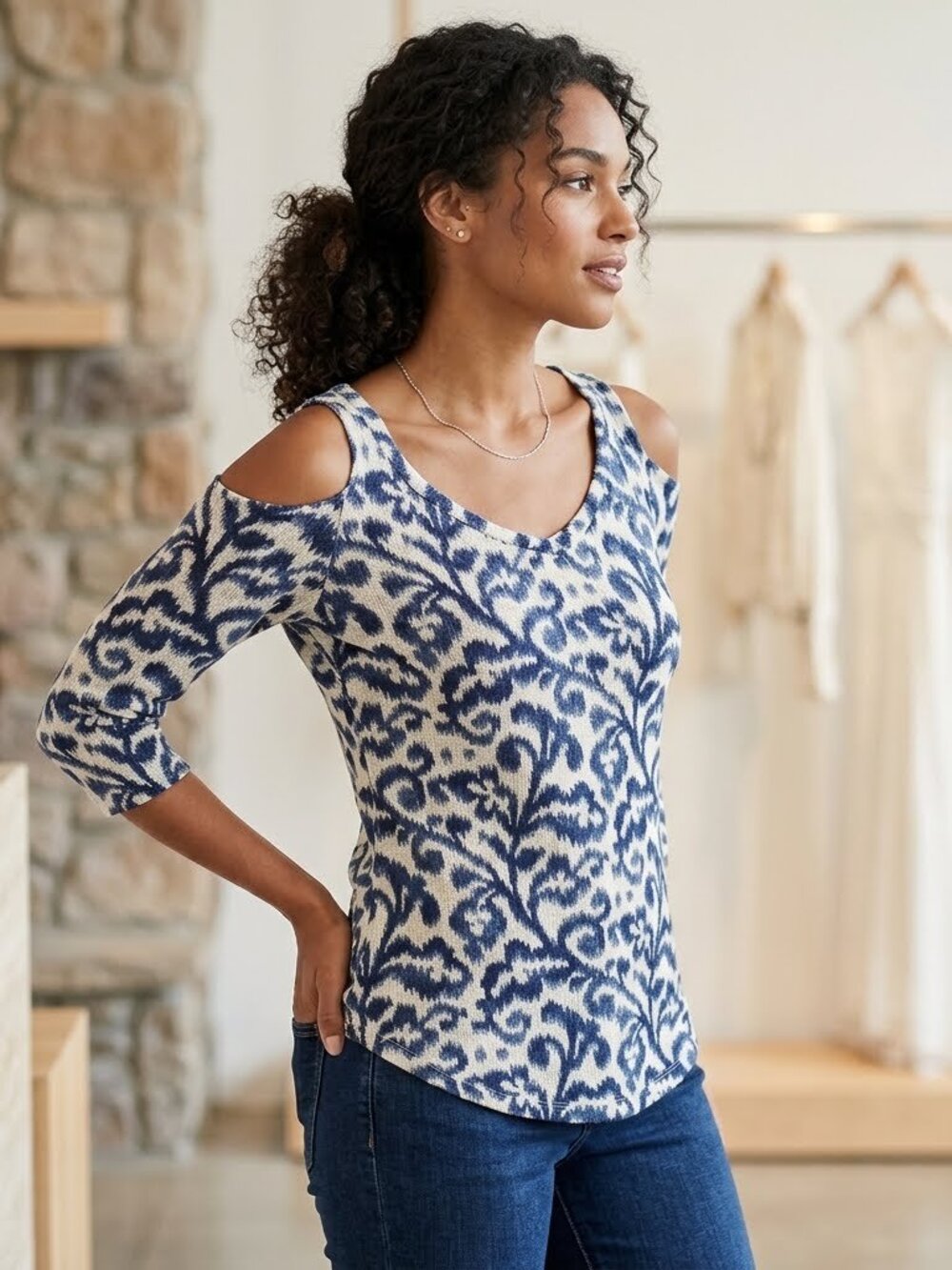 JM Collection Women Blue Abstract Print Cold Shoulder Blouse Tunic S 3/4